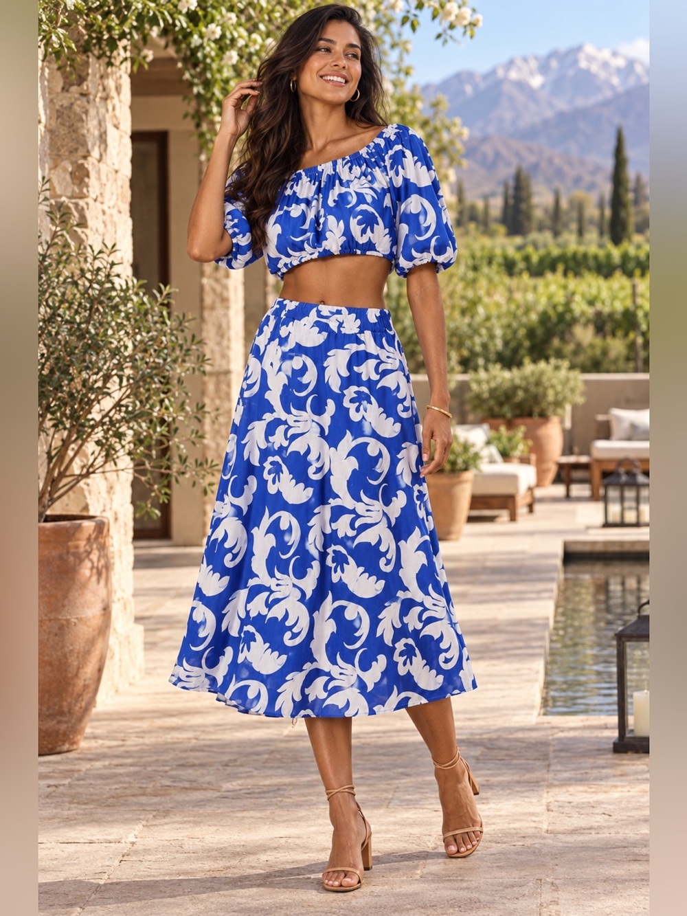 H&M NWT Blue & White Floral Midi Skirt + Crop Top 2 Piece Set Dress Women